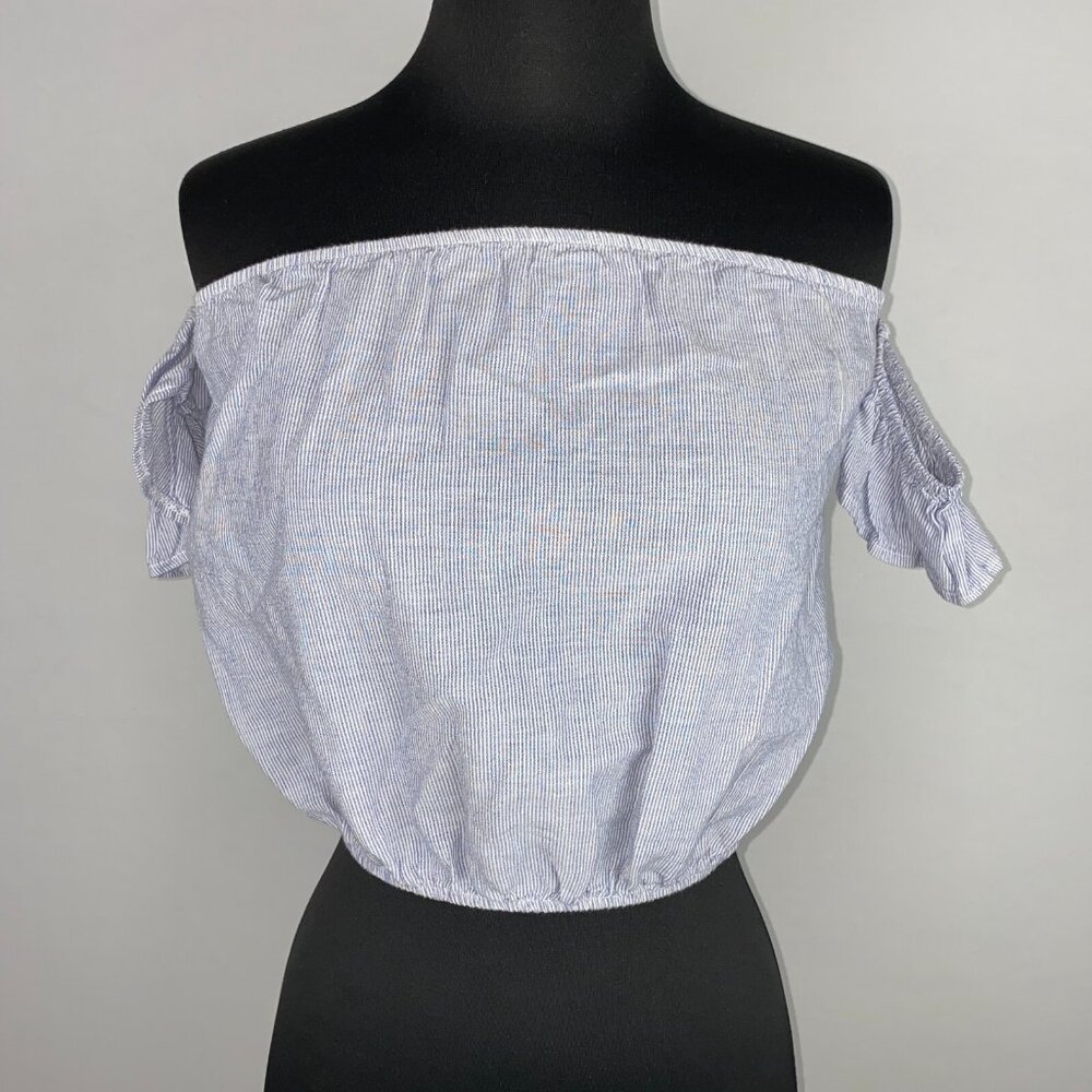 Brandy Melville Off The Shoulder Crop Top One Size Blue White Striped Beach Boho - Picture 6 of 16